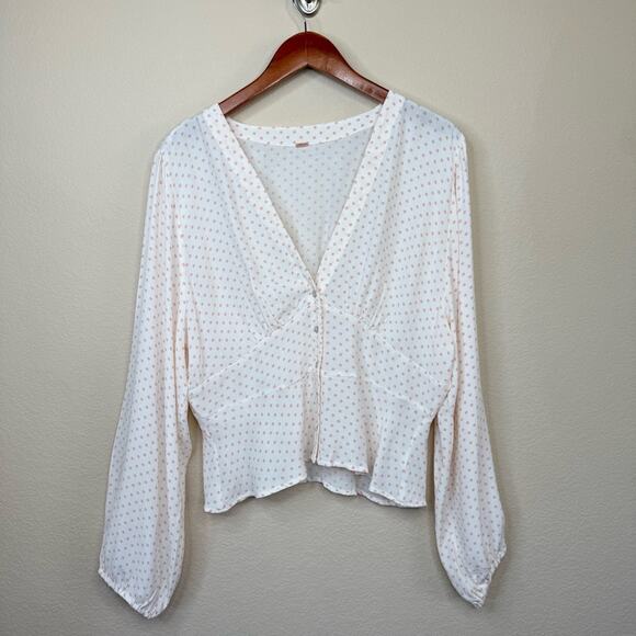 FREE PEOPLE Love Street Pink Ivory Polka Dot Long Sleeve Top Size L - Picture 2 of 15